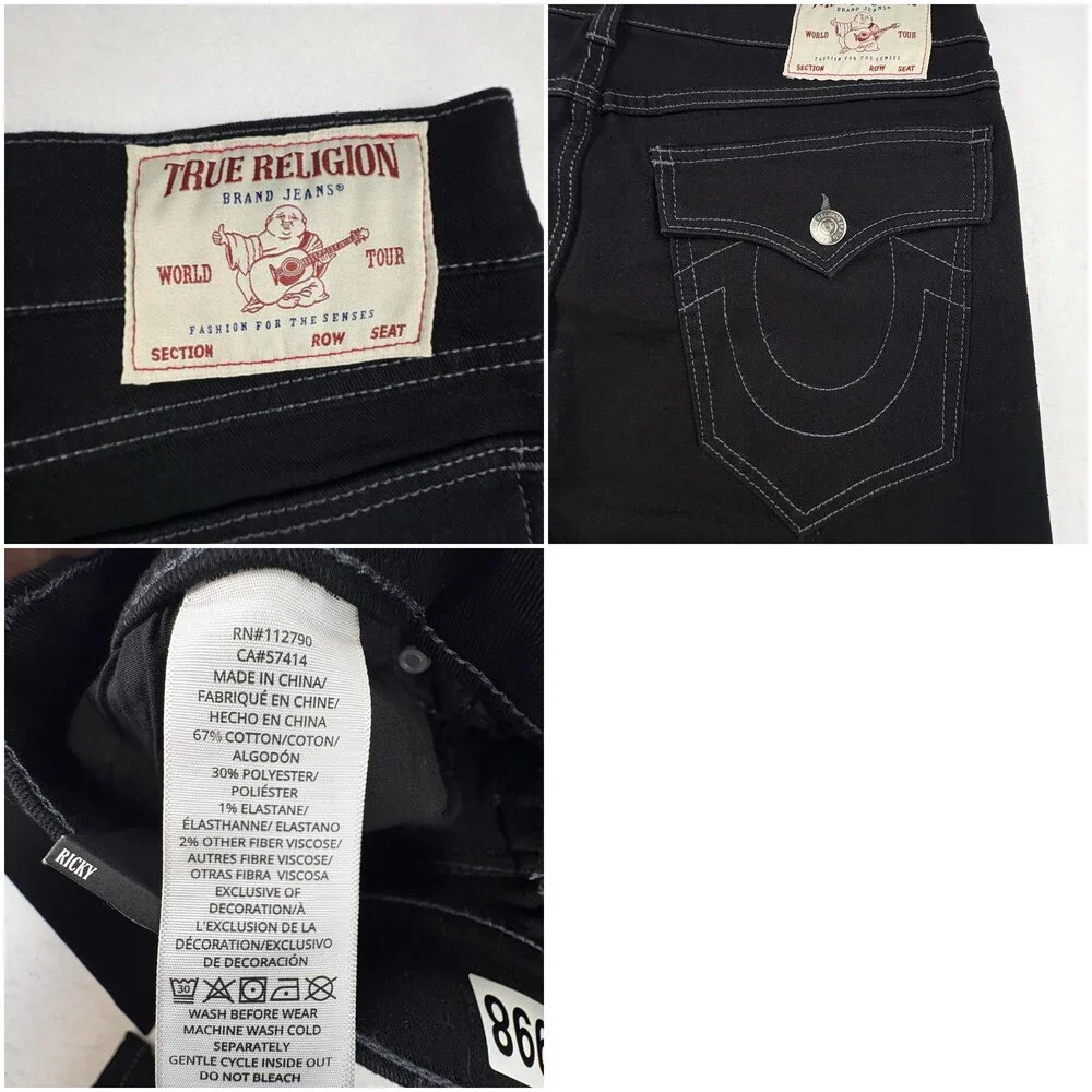 True Religion Ricky Jeans Mens 34x31 Black Relaxed Straight Stretch Denim Rinse